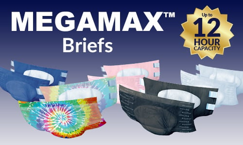 MEGAMAX abdl diapers in blue, tie-dye, pink, black, and white