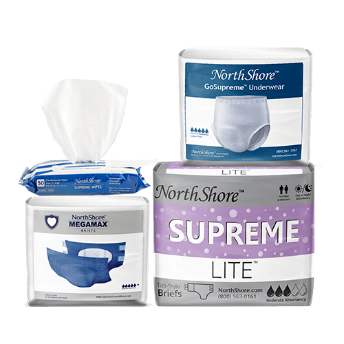 Collection of NorthShore heavy absorbency adult diapers, pull-on and heavy duty wipes