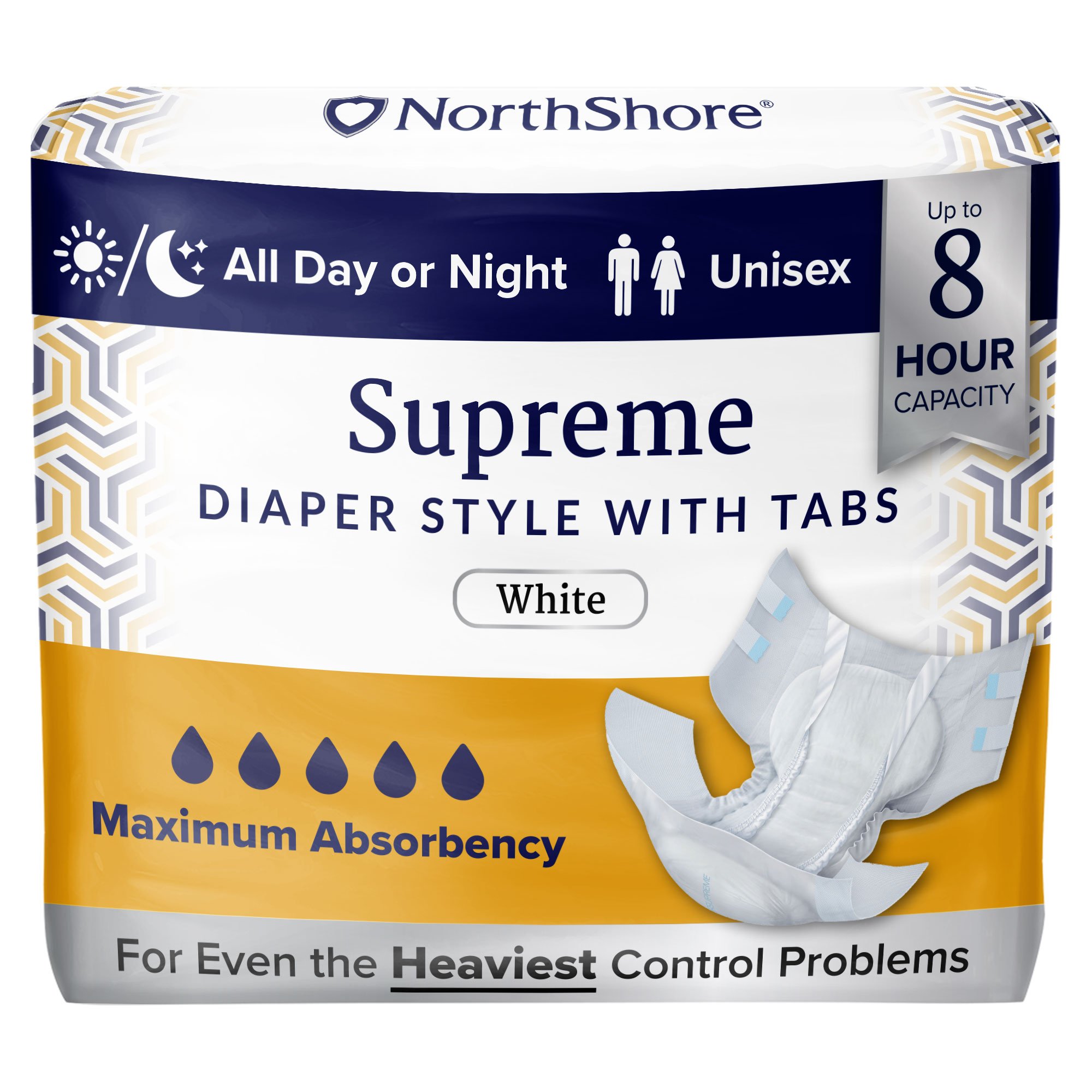 Supreme adult diapers with tabs in a combination of colors