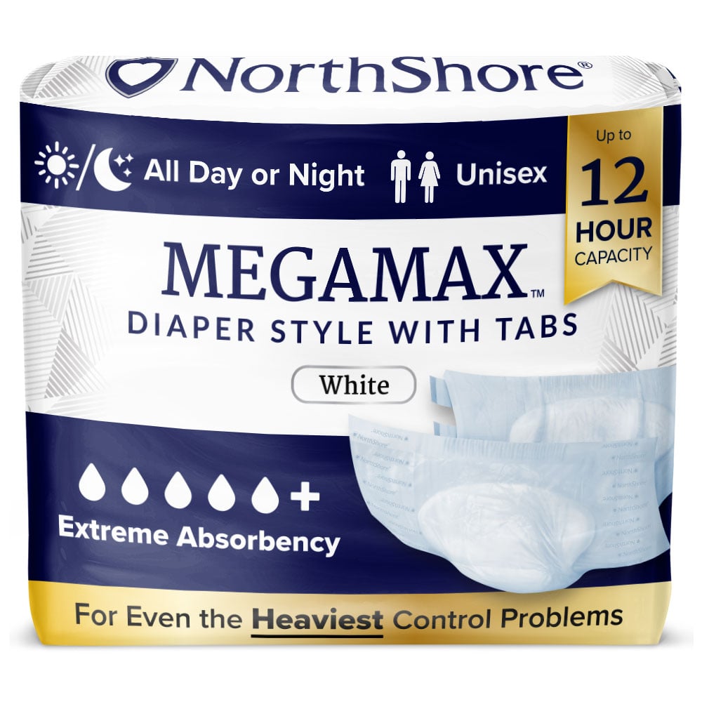 MEGAMAX plastic-backed adult diapers with tabs in a combination of colors